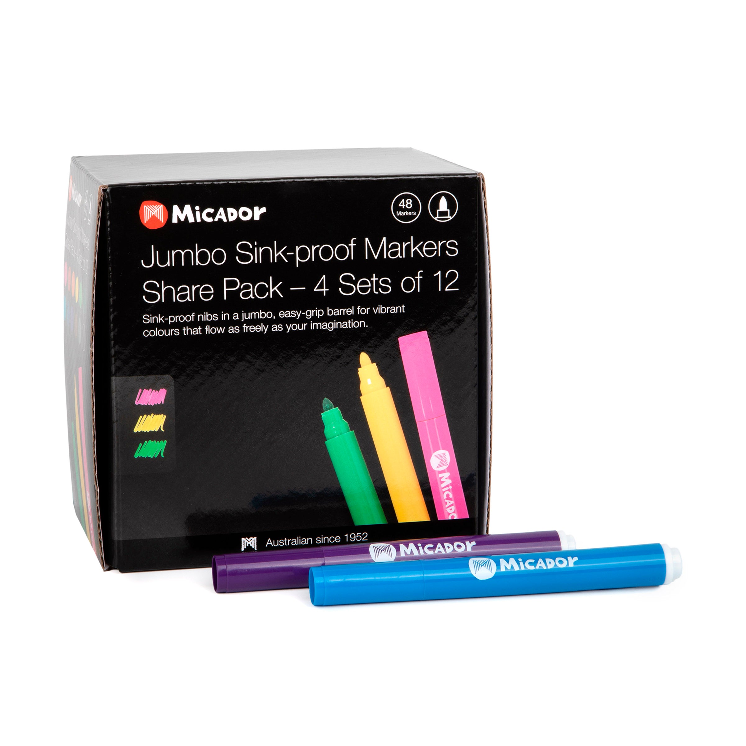 Jumbo Sink-proof Markers, Bright, Pack 48, Micador
