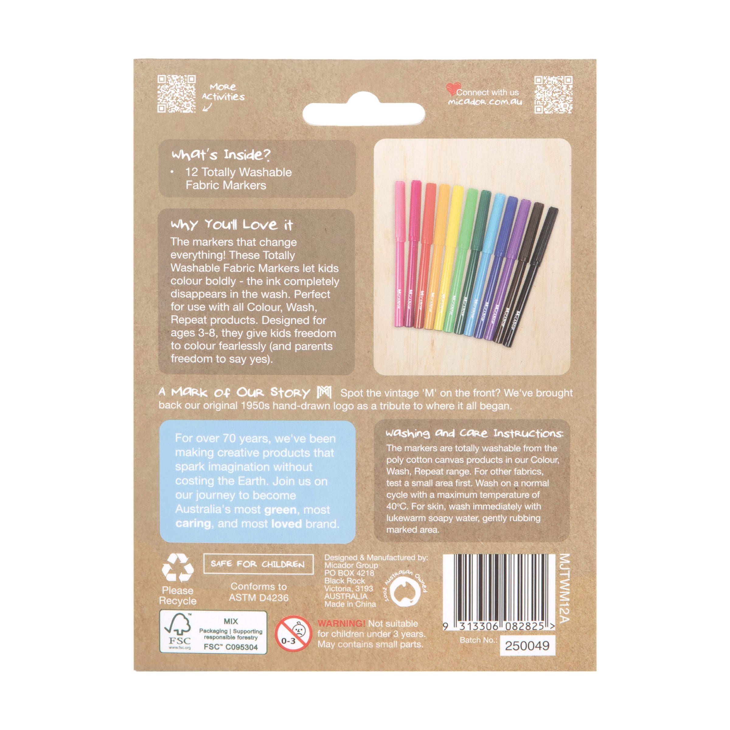 Colour, Wash, Repeat Totally Washable Fabric Markers, Pack 12, Micador jR.