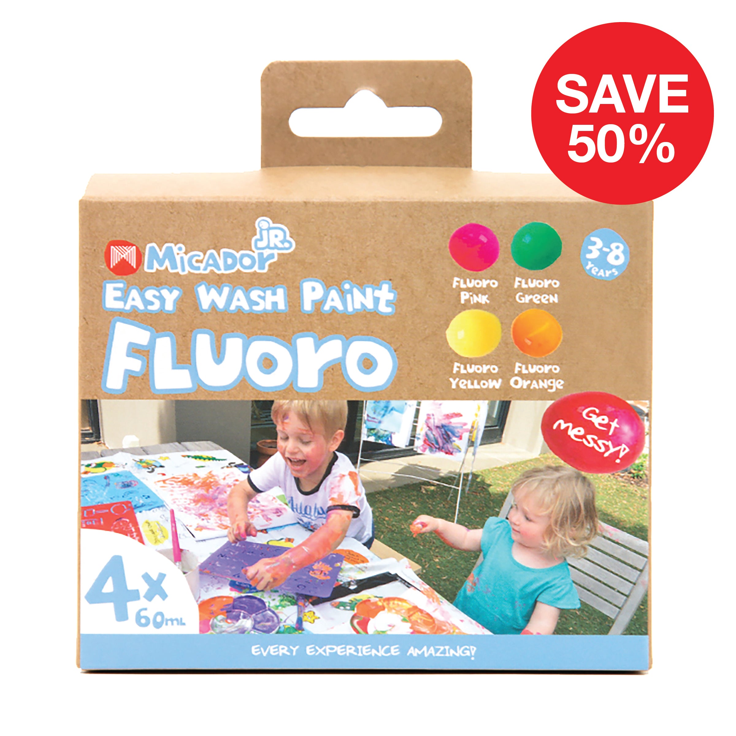 Easy Wash Paint - Fluoro, 60ml Tubs, Pack 4 Micador jR.