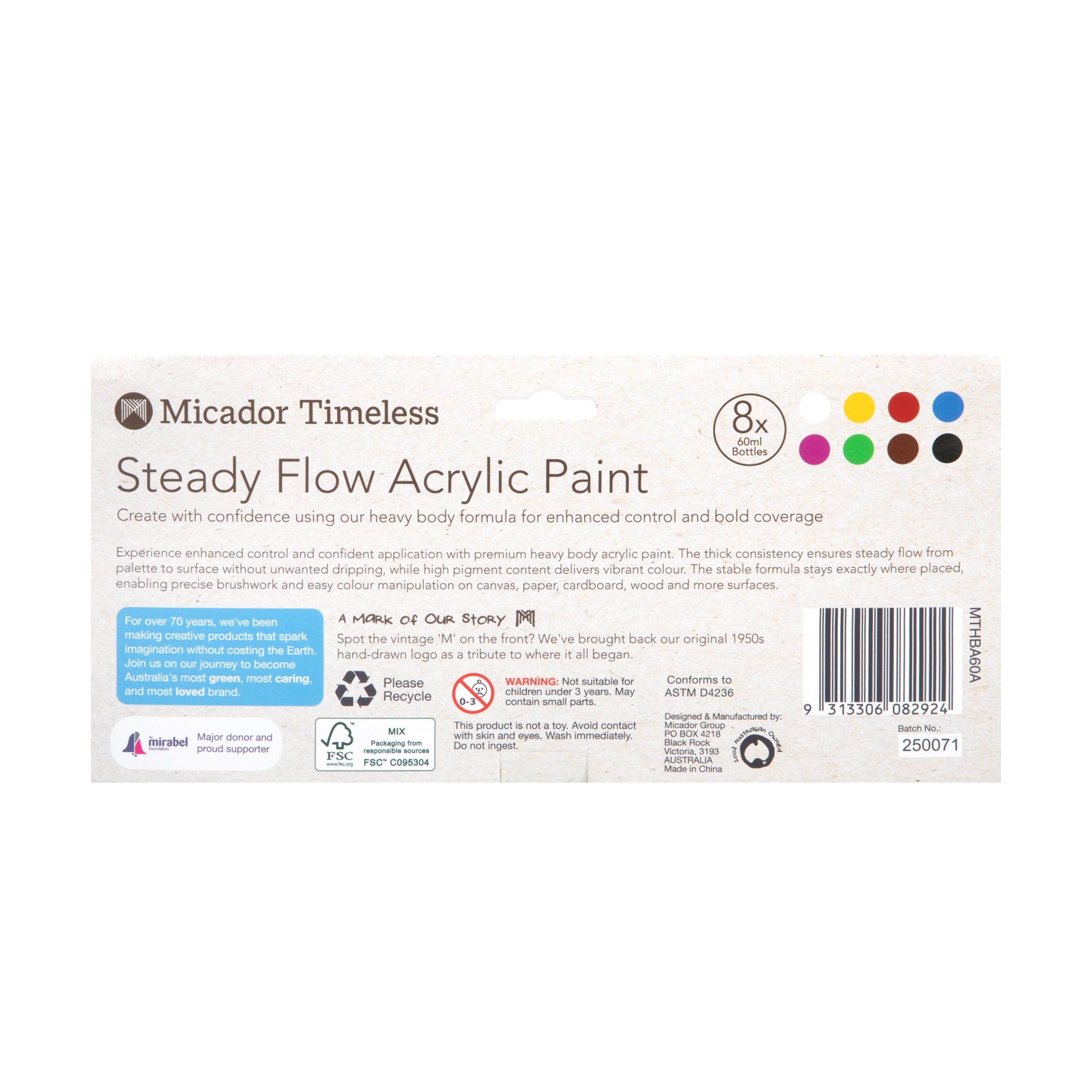 Acrylic Paint, Steady Flow, 8 x 60ml Micador Timeless