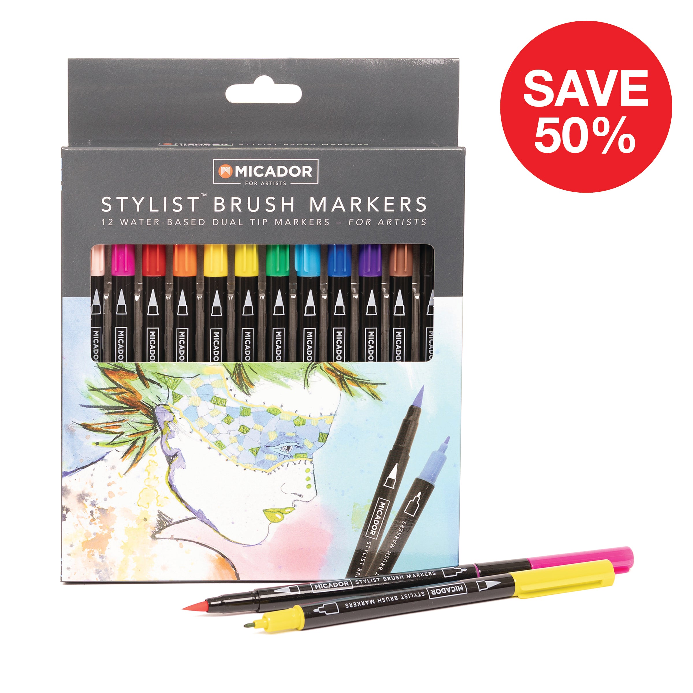Stylist Brush Markers, Box 12 Micador For Artists