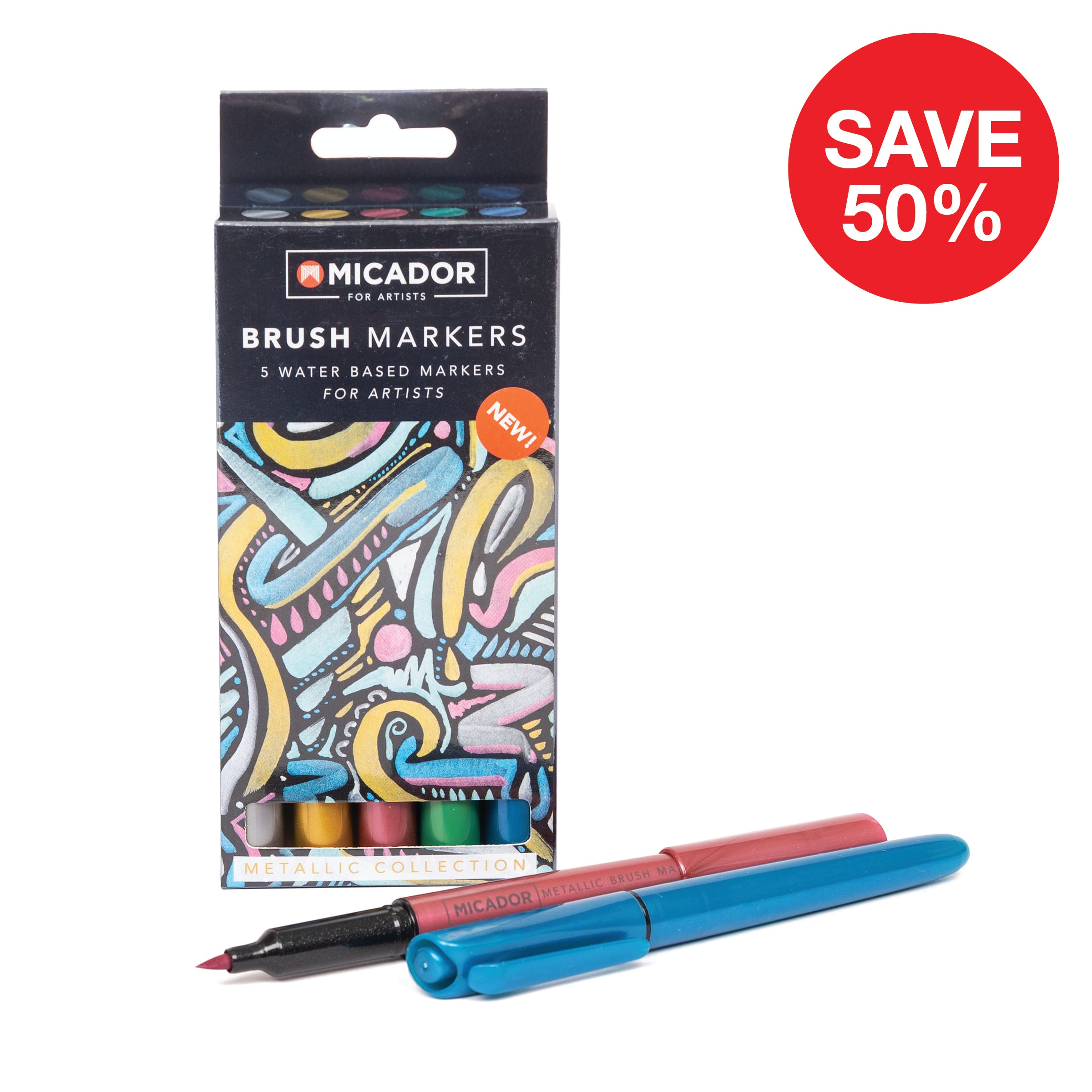 Brush Markers - Metallic, Pack 5 Micador For Artists