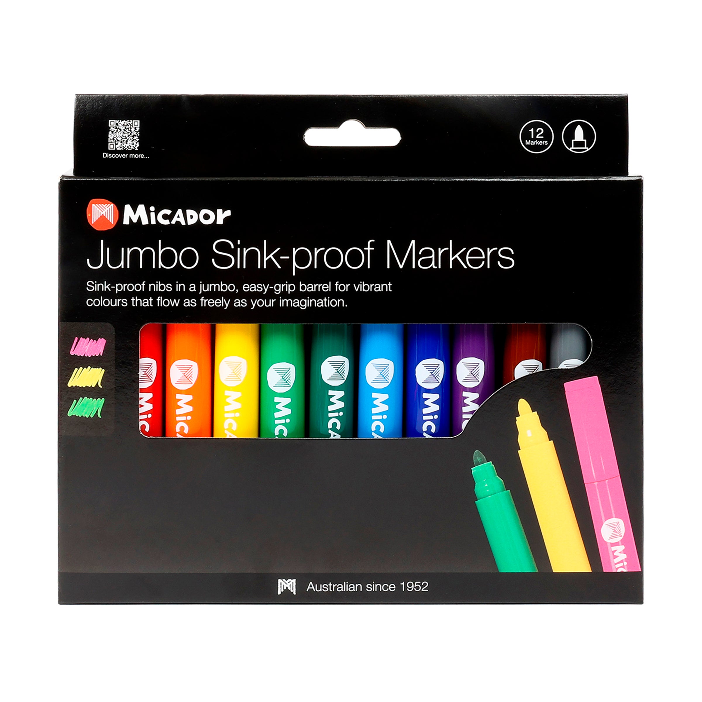 Jumbo Sink-proof Markers, Bright, Pack 12, Micador