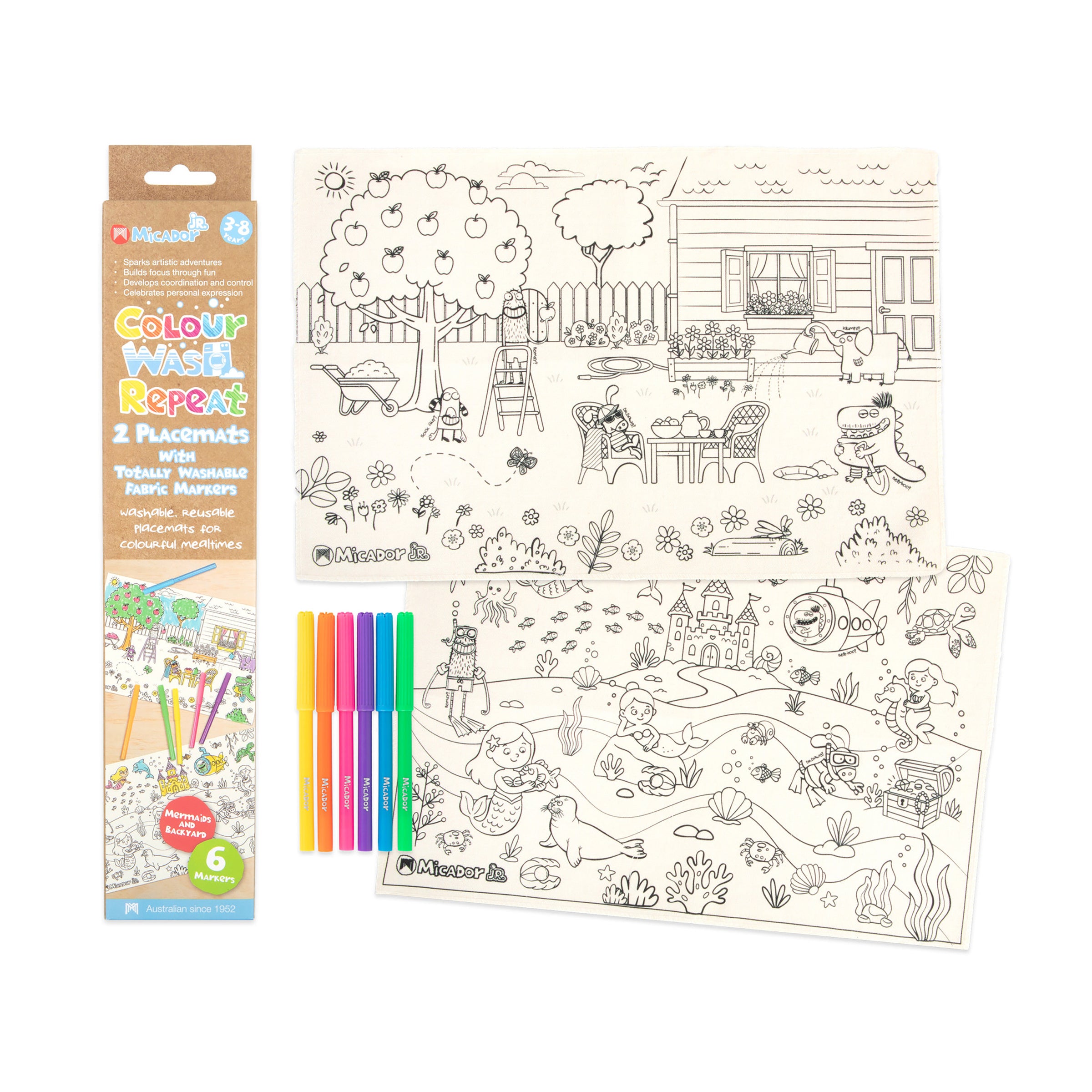 Colour, Wash, Repeat Placemats, Mermaids and Backyard, Pack 2, Micador jR.