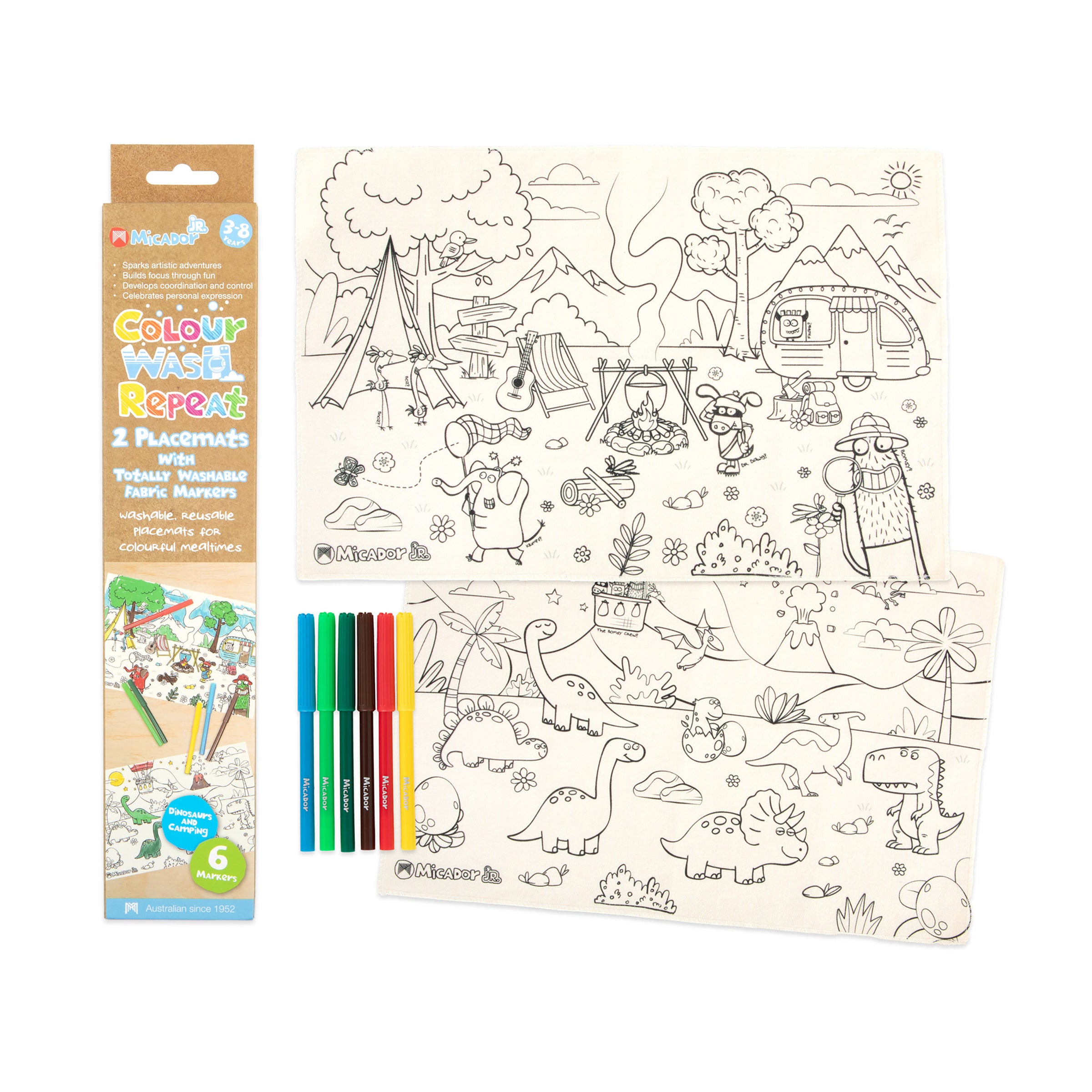 Colour, Wash, Repeat Placemats, Dinosaurs and Camping, Pack 2, Micador jR.
