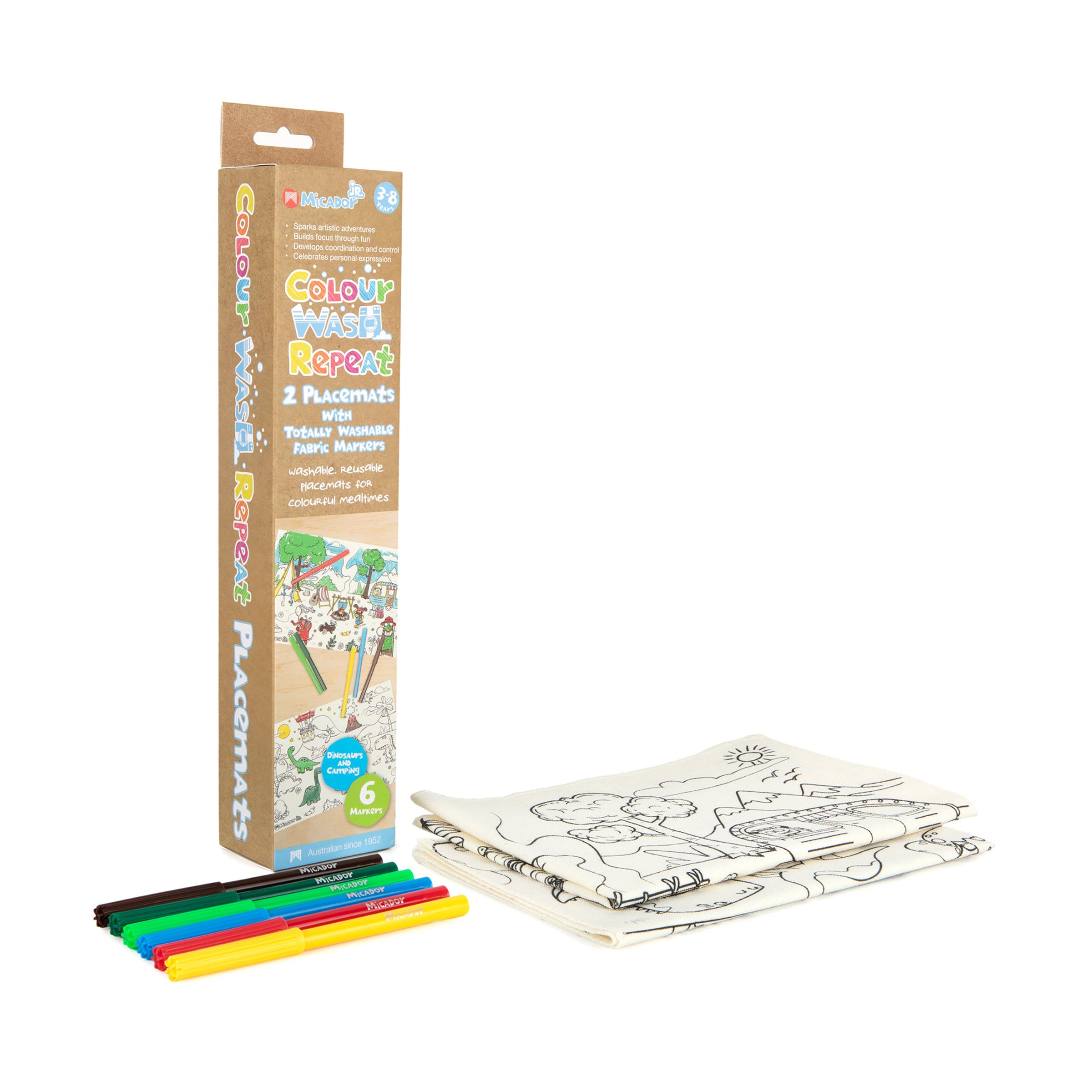 Colour, Wash, Repeat Placemats, Dinosaurs and Camping, Pack 2, Micador jR.