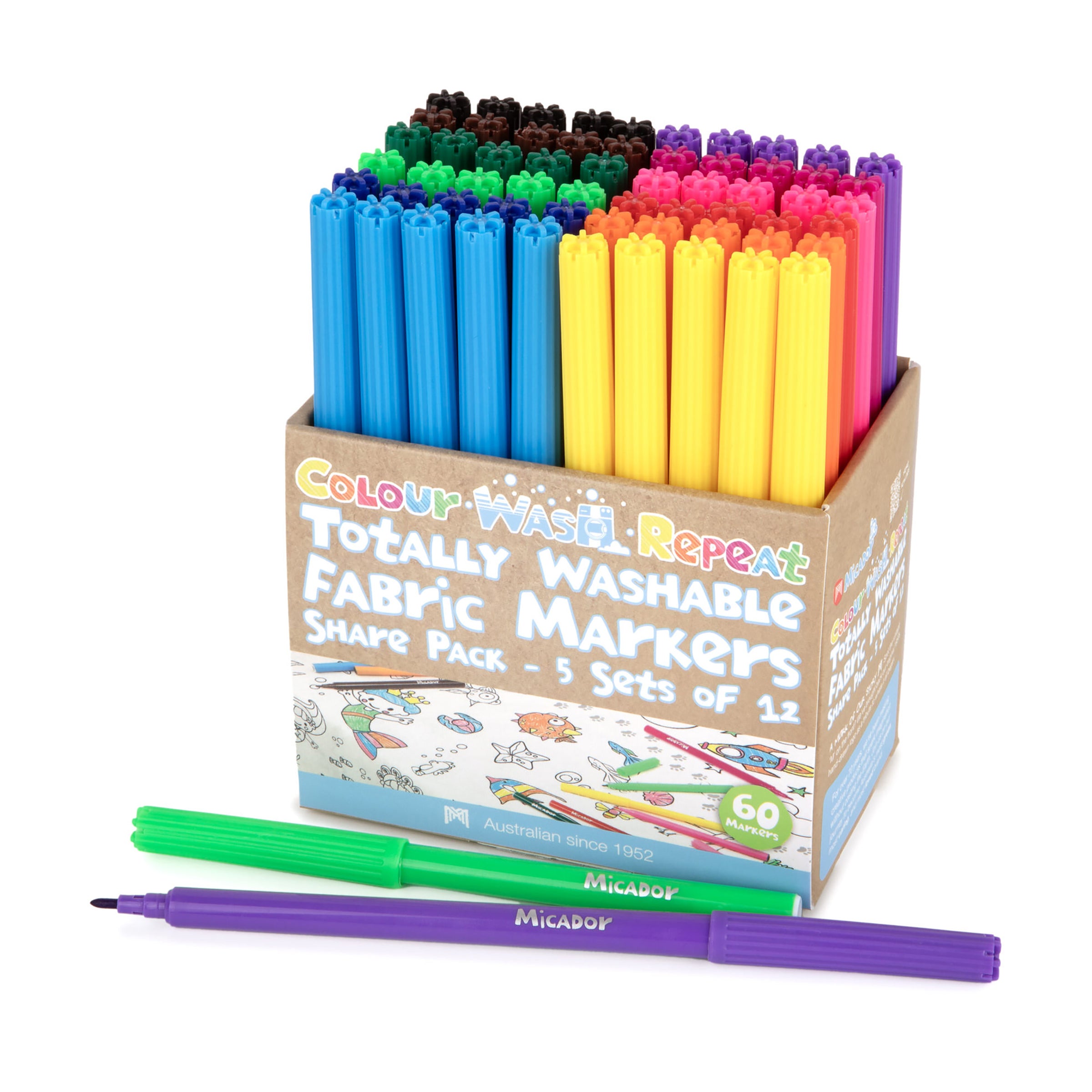 Colour, Wash, Repeat Totally Washable Fabric Markers Share Pack, Pack 60, Micador jR.