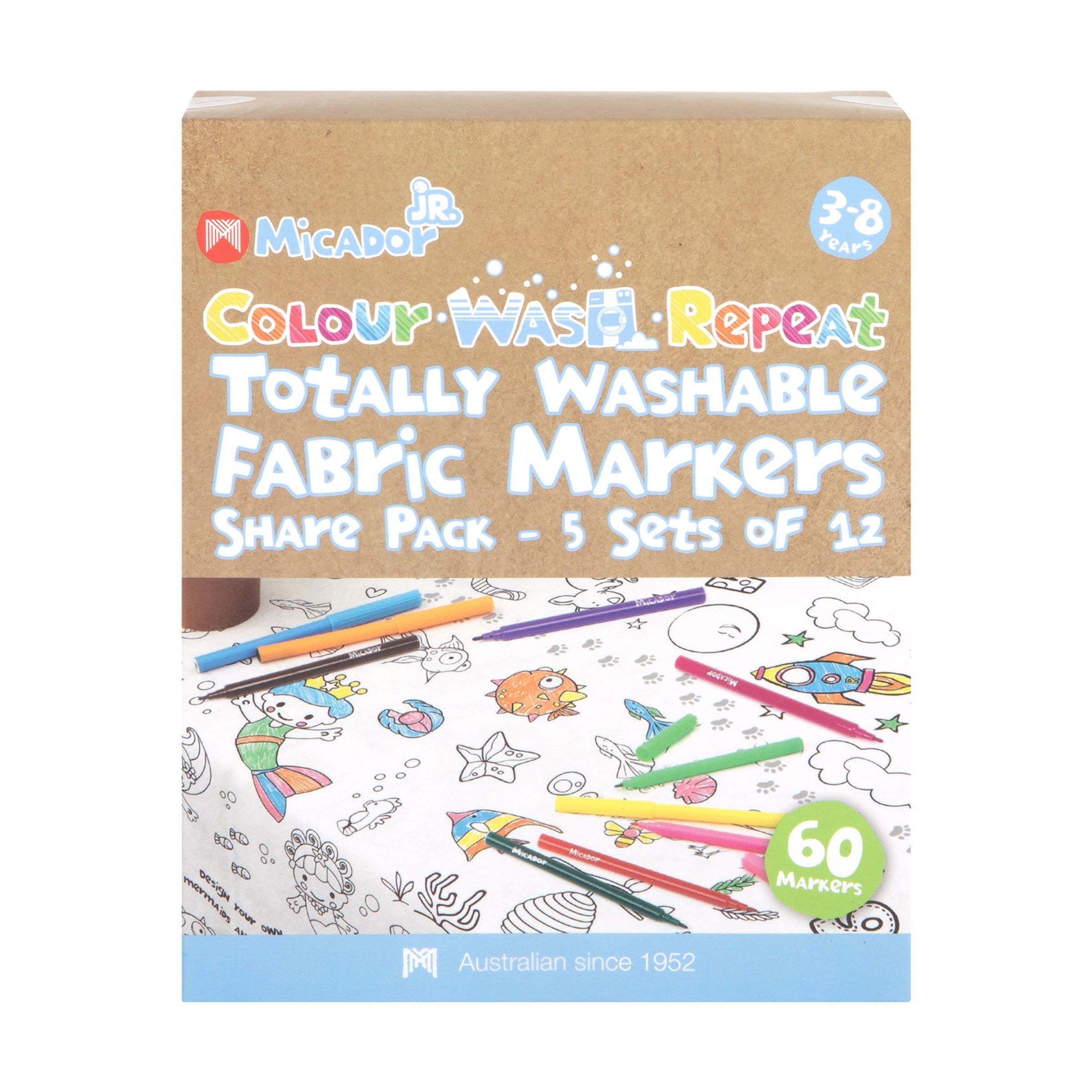 Colour, Wash, Repeat Totally Washable Fabric Markers Share Pack, Pack 60, Micador jR.