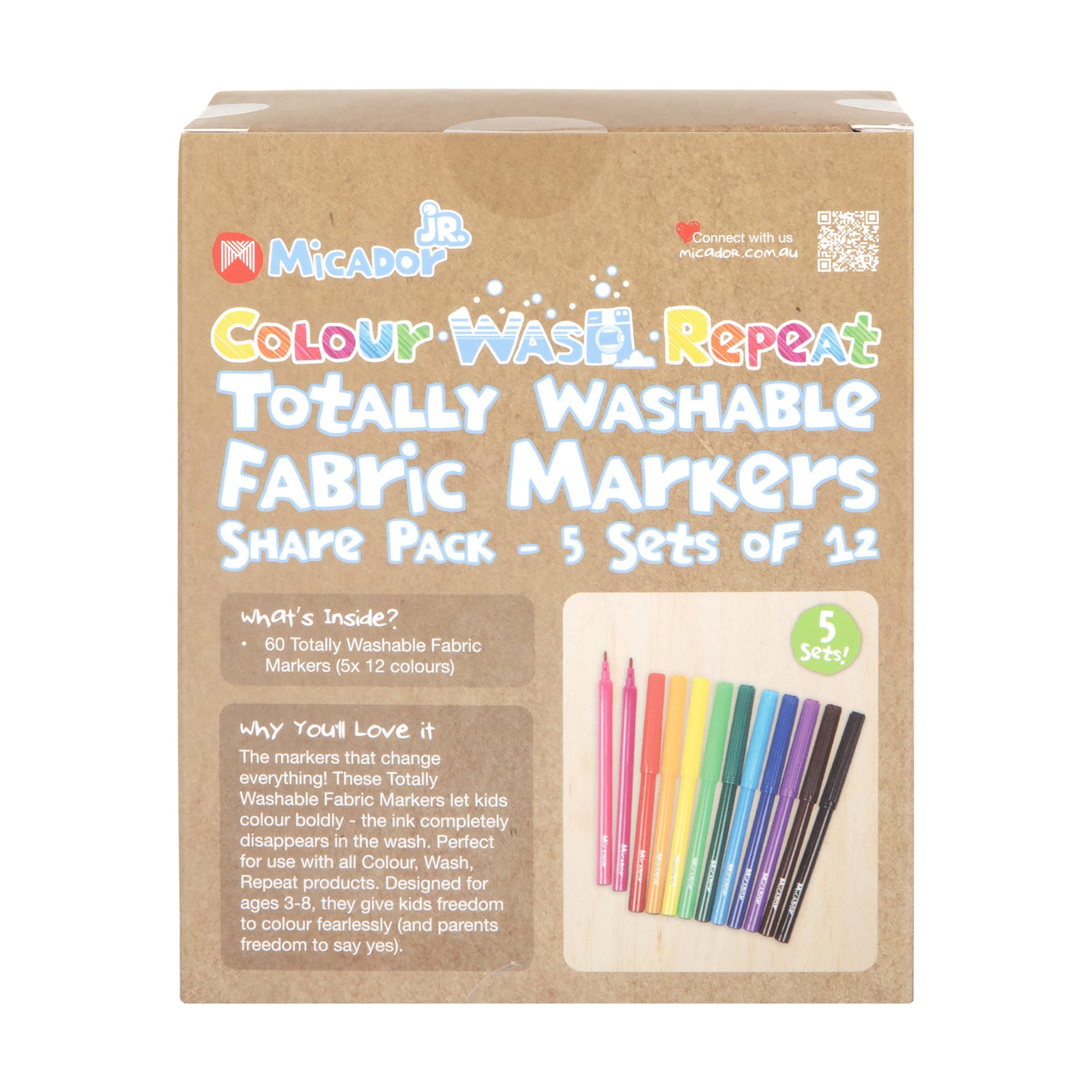 Colour, Wash, Repeat Totally Washable Fabric Markers Share Pack, Pack 60, Micador jR.