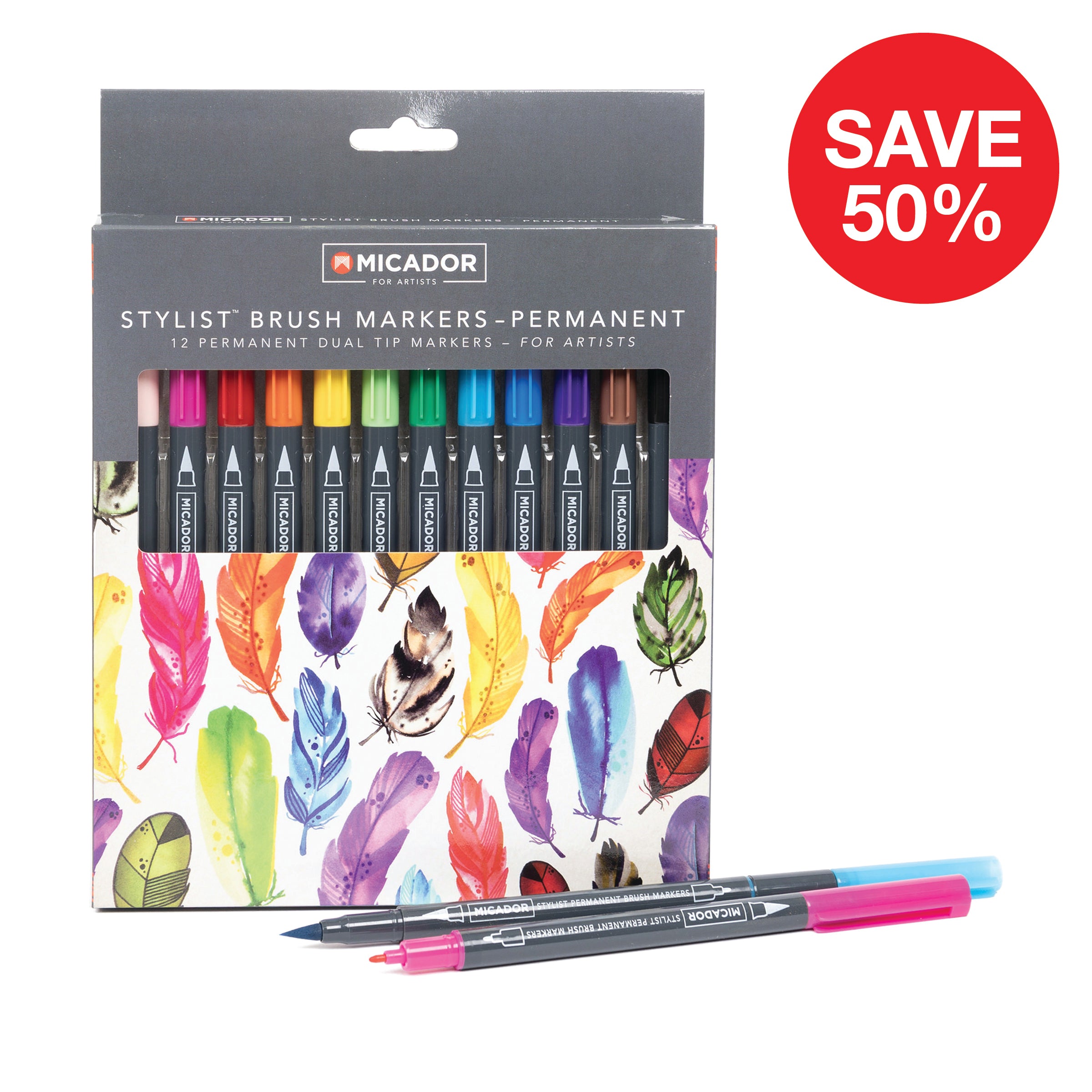 Stylist Brush Markers - Permanent, Box 12 Micador For Artists