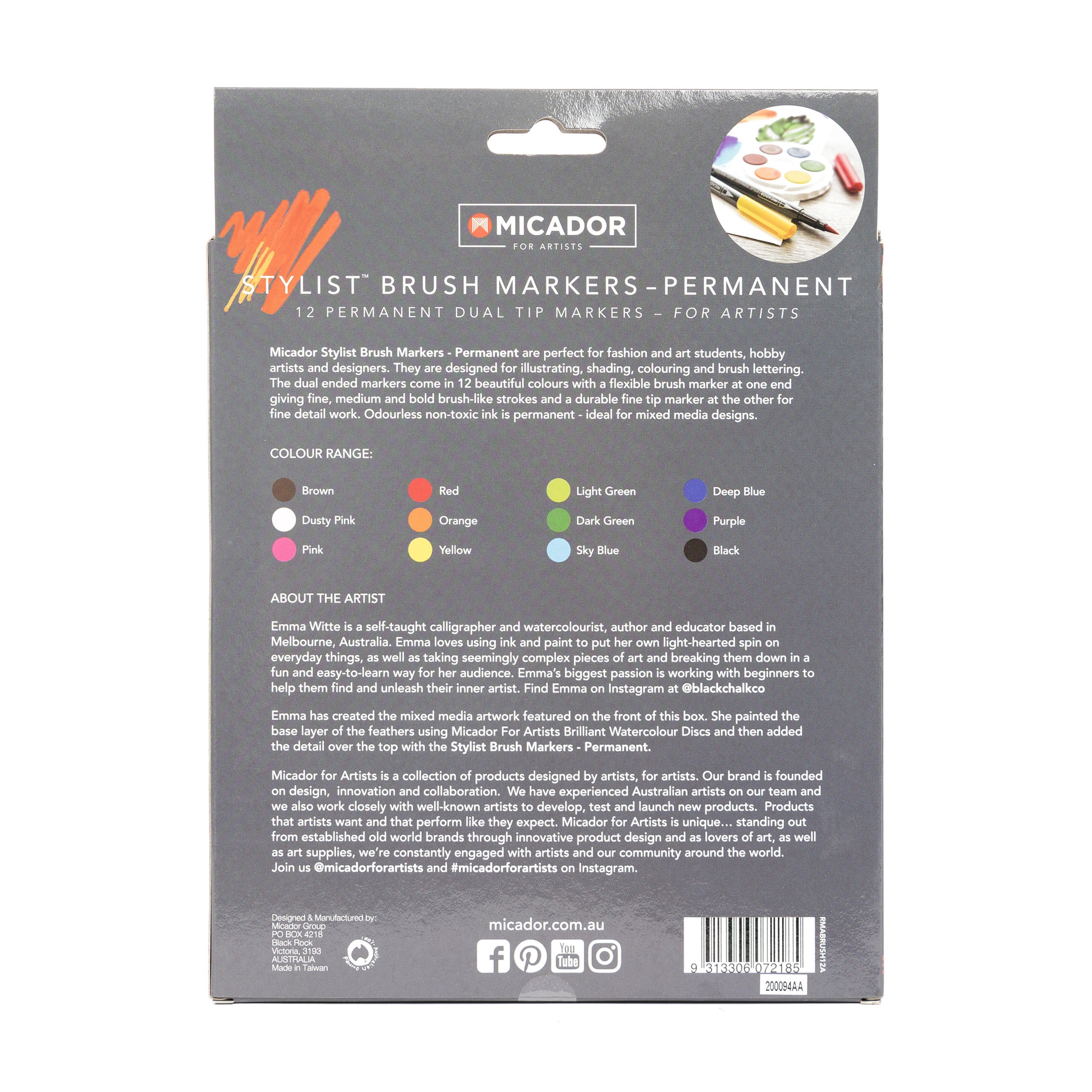Stylist Brush Markers - Permanent, Box 12 Micador For Artists